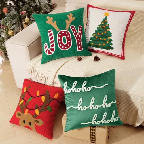Phantoscope Pack of 4 Christmas Throw Pillow Covers, Plush Sherpa Fleece Reindeer Cushion Soft Velvet Xmas Tree Decorative Pillows for Couch, Green and Red, 18 x 18 inch by Phantoscope