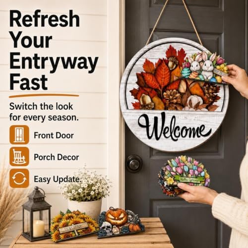 Interchangeable Welcome Sign for Front Door 12 Inch Round Seasonal Decor - Image 3