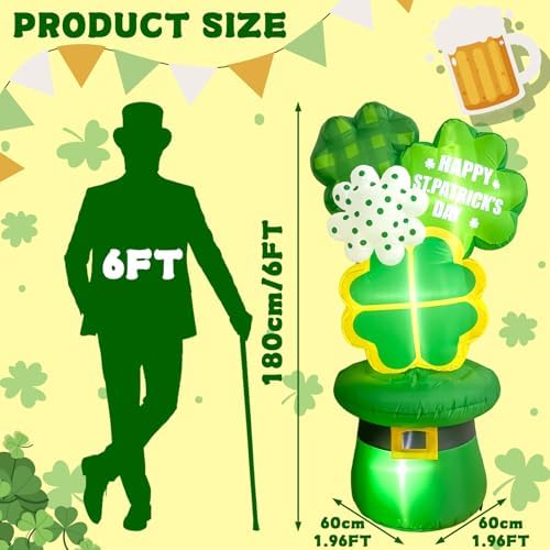 OurWarm 6FT St Patricks Day Inflatables Outdoor Decorations, St. Patrick's Day Blow Up Inflatable Shamrocks with Leprechaun Hat and Built-in LED Lights, Lucky Saint Patricks Day Yard Garden Lawn Decor - Image 2