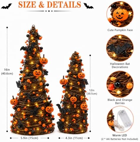 2Pack Lighted Halloween Tabletop Trees with Timer, Pumpkin Bat Decor - Image 5