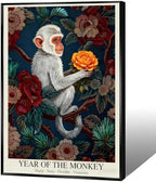 Chinese Lunar Year of the Monkey Art Print – Vibrant Orange Rose & Floral Pattern Zodiac Wall Decor Dark Blue Oriental Aesthetic Home Decoration Poster for Bathroom Bedroom 8X12 in Wrapped Framed by Unknown