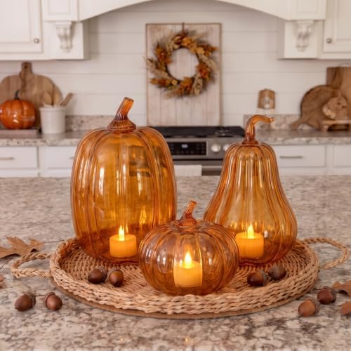 Yungyan Set of 3 Glass Pumpkin Fall Decor Table Centerpiece, Orange - Image 2