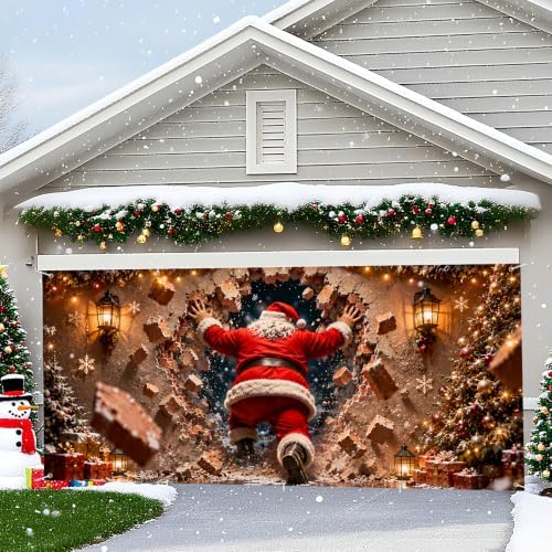 Funny Santa Claus Christmas Garage Door Banner 7x16 FT, Large 2-Car Brick Wall Breaking Through Outdoor Mural Backdrop, Cool Holiday Hanging Peeking Cover Sign Decoration for House Exterior Party - Image 7