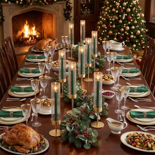Gold Hurricane Candlestick Candle Holders - Set of 12, Brass, Fluted Glass - Image 4