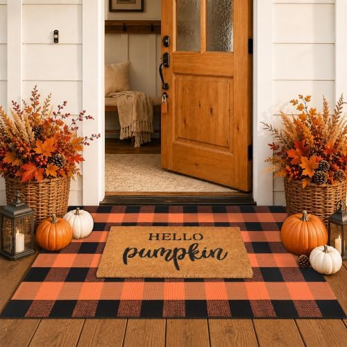 Fall Decor Doormat Combo Set, 100% Coco Coir Welcome Mat + 3' x 5' Orange and Black Plaid Rug - Fall Thanksgiving Front Porch Entryway Decor Floor Mat, Indoor Outdoors Autumn Mats Hello Pumpkin by Homydecor