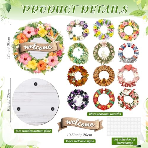 Interchangeable Welcome Sign Wood Wreath, 13 Inserts Front Door - Image 2