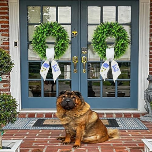Boxwood Wreath for Front Door Spring Summer Wreaths for Farmhouse,Last Name Initial Year Round Porch Decor,20 inch Geen Wreath with Personalized Monogram sash Embroidered Hydrangea and Letter - (E) - Image 2