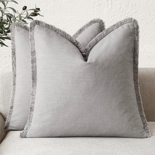 Foindtower Decorative Linen Fringe Throw Pillow Covers 22×22 Light Gray by Foindtower