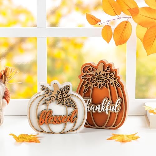 Glitzhome Thanksgiving Wooden Pumpkin Decor Set of 2 (6" & 8" H) - Blessed & Thankful Farmhouse Table Sign Decor, Fall Pumpkin Blocks for Holiday Home Decor Accents Centerpiece - Image 4