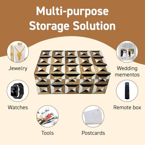 Perilla Home Home Decor Decorative Storage Wooden Box Small Era Organizer Tool Stash Card Craft Trinket Memory Keepsake Jewelry Box for Men and Women, Gifts For All, Brown, Black and Off White - Image 4