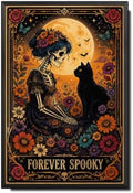 Vintage Metal Tin Sign Halloween Skeleton Woman Black Cat Flower Garden Gothic Wall Art for Home 6×8 Inches with Metal Frame by Unknown