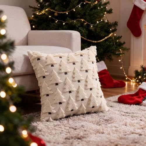 Christmas Throw Pillow Covers 20x20 inch Set of 4, Beige and Green Xmas Tree Holiday Winter Living Room Soft Fluffy Plush Faux Fur Wool Decorations for Sofa Couch Bed - Image 5