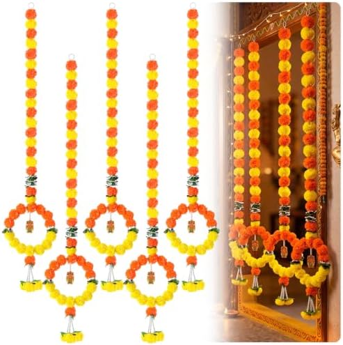 Suncalla 5 Pcs 5 ft Diwali Marigold Garland for Pooja Decor, Orange Yellow by Unknown