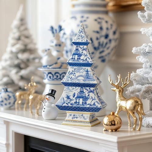 Cynkeyee Christmas Tree Christmas Decorations Indoor - Blue and White Xmas Decorations Gift 12" Vintage Tabletop Holiday Figurine, Chinoiserie Xmas Party Table Decor 6x3x12 Inch - Image 2