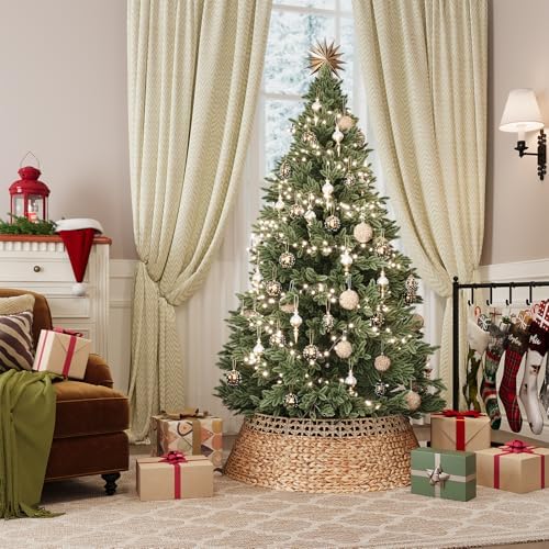 ELYKEN 33 Inch Woven Rattan Christmas Tree Collar, Stylish Seagrass & Water Hyacinth Xmas Tree Skirt for Artificial Trees, Wicker Tree Base Cover with Cord Cut-Out Farmhouse Tree Ring for Home Decor - Image 2