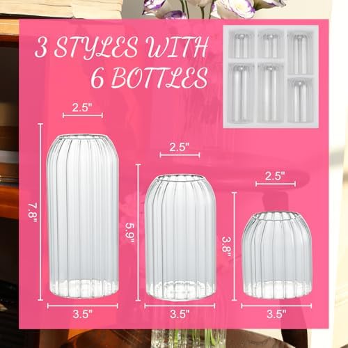 Bud Vases in Bulk Set of 6, Glass Small Vases for Flowers, Modern Cylinder Ribbed Vases for Wedding Centerpiece, Living Room Decorative, Home Decor - Image 2
