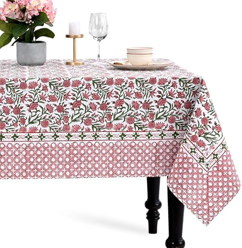 CPC Red Garnet Block Print 100% Cotton Rectangle Tablecloth 60x108 Inch by COTTONPRINTCLUB