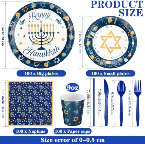 Hushee 400 Pcs Hanukkah Party Supplies Star Menorah Dreidel Tableware Set - Image 2