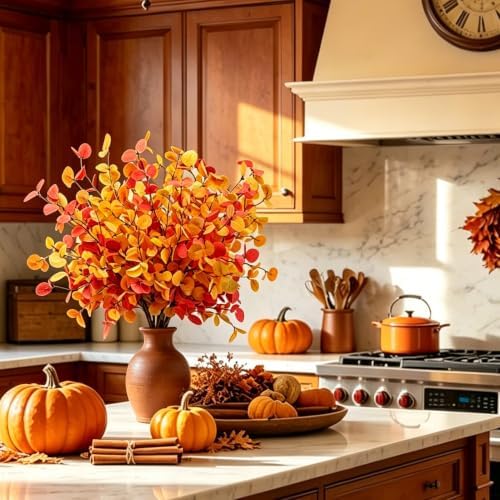 Artificial Fall Eucalyptus Stems, 12 Pcs 27.5 Inch Fake Fall Leaves Branches for Vase, Autumn Thanksgiving Home Wedding Decor (12PCS) - Image 5