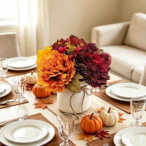 Fall Centerpieces for Tables, Fake Fall Flowers in Vase Orange Fake Peonies for Home Kitchen Fall Floral Arrangement Farmhouse Fall Harvest Thanksgiving Dinner Autumn Decor（Fall Orange Red） - Image 5