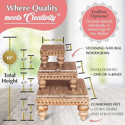 Felt Creative Home Goods Wooden Riser [Set of 3] Premium Farmhouse Risers | Beaded Wood Risers for Display | Handmade Wooden Risers for Decor | Vintage Tiered Stand | Decorative Footed Risers - Image 3