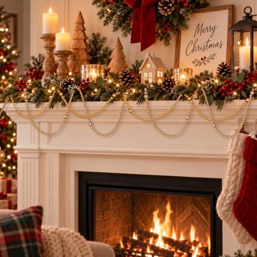 48 FT Gold Christmas Wood Bead Garland, 4-Pack Farmhouse Tree Decor - Image 4