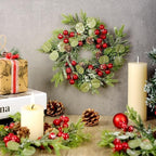 12 Pcs 9 Inch Christmas Artificial Wreaths for Kitchen Cabinet Norfolk Pine Garland with Red Berries Pinecones Wreaths Swags Snowy Pine Candle Rings Holder for Christmas Decorations Table Centerpiece - Image 2