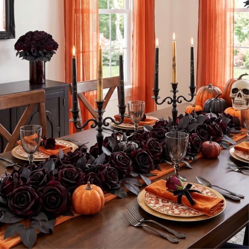 Auihiay 60Pcs Black Artificial Roses, Faux Halloween Flowers, Balck Roses - Image 3