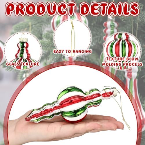 Soaoo 6 Pcs 6.3 in Red and Green Mercury Glass Finial Christmas Ornaments - Image 5