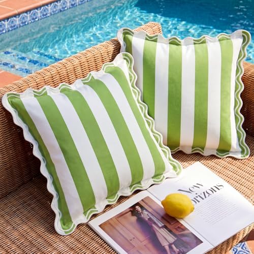 Apple Green Striped Scalloped Outdoor Throw Pillow Covers 18x18 Set of 2 by JOJOGOGO