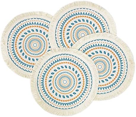 Fennco Styles Boho Geometric Fringe Decorative Cotton Placemats 13-inch Round, Set of 4 - Green Heat Resistant Insulation Table Mats for Home Decor, Dining Table, Banquets and Special Events by FenncoStyles