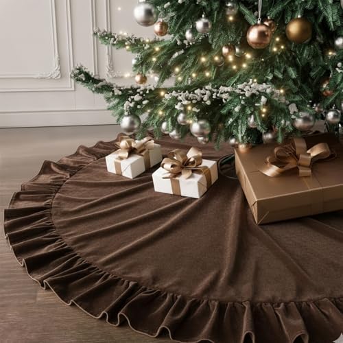 Velvet Christmas Tree Skirt, 60 Inches Darkbrown Ruffled Velvet Christmas Tree Skirt,Rustic Vintage Xmas Tree Skirt for Party Decorations by DegGod