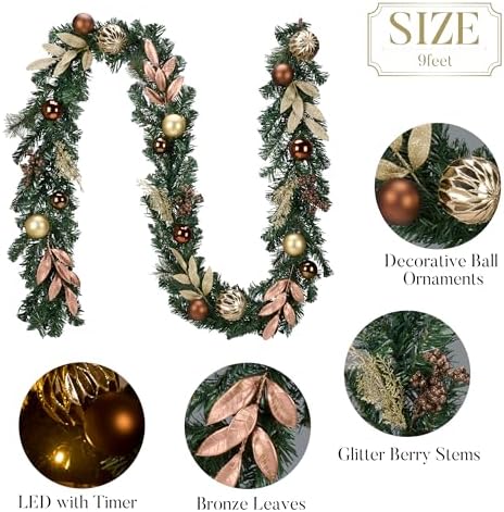 Valery Madelyn 9 Ft Christmas Garland with Lights for Mantle Copper Gold - Image 6