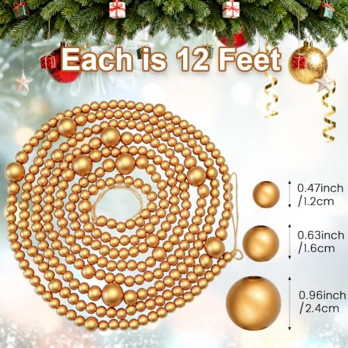 48 FT Gold Christmas Wood Bead Garland, 4-Pack Farmhouse Tree Decor - Image 2