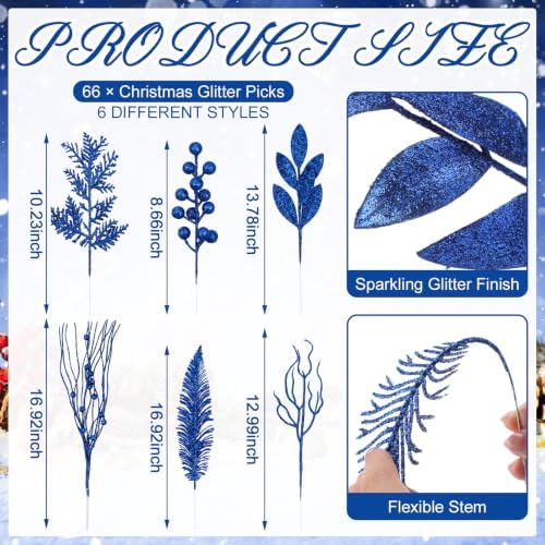 66 Pcs Christmas Glitter Picks and Sprays, Royal Blue - Image 2