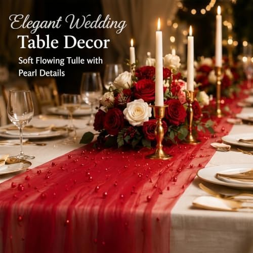 Red 10 Pcs Pearl Gauze Table Runner 120 Inch 10ft Pearl Sheer Tulle Table Cloth Centerpieces for Home Wedding Birthday Bridal Baby Shower Party Favor Holiday Dining Decorations - Image 2