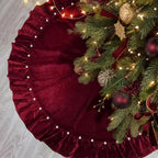 Wine Red Velvet Christmas Tree Skirt, 60 Inch Christmas Tree Skirt with Ruffled Edge and Pearl Trim - Image 2
