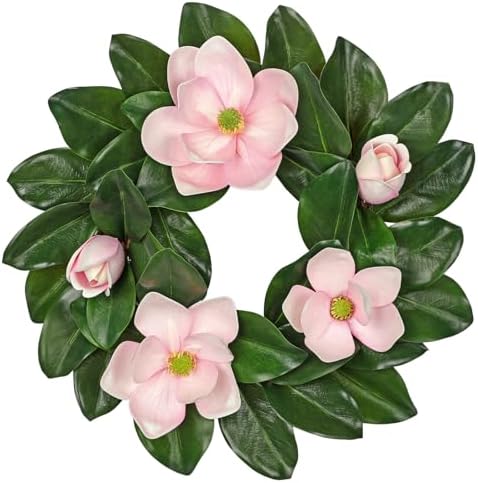 20" Artificial Wreath for Front Door Pink Magnolia Wreath Greenery for Easter Spring Housewarming Wedding Farmhouse Mantel Door Decoration by Arborus