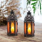 Set of 2 Moroccan Lanterns Decorative Indoor & Outdoor, 11’’ Medium Size Vintage Metal Hanging&Tabletop Candle Holder Decor, Halloween Christmas Ramadan Decorations for Home (Amber) - Image 5