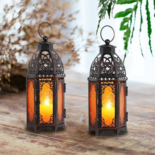 Set of 2 Moroccan Lanterns Decorative Indoor & Outdoor, 11’’ Medium Size Vintage Metal Hanging&Tabletop Candle Holder Decor, Halloween Christmas Ramadan Decorations for Home (Amber) - Image 5