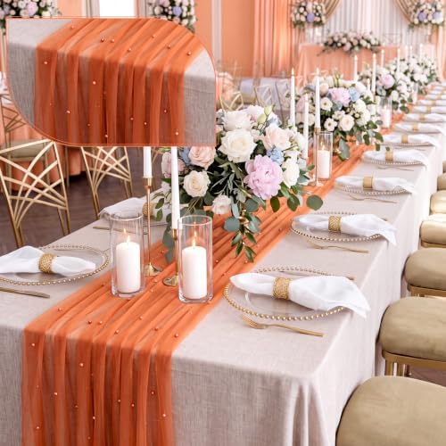 10 Pcs Fall Orange Gauze Pearl Table Runner 120 Inch 10ft - Image 5