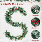 BlessedSeason 12FT Christmas Garland with Lights, Artificial Lighted Garland Indoor for Stairs, Fireplace, 65 Lights Green Garland, Cones & Red Berries & Pine Needle - Image 2