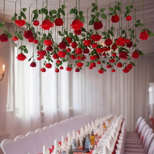 Lyrow 60 Pack Red Roses Artificial Flowers Bulk Hanging Floating Garland Fake Red Rose Vine for Ceiling Decoration Wedding Anniversary Bridal Bouquet DIY Floral Arrangement Proposal Romantic Decor - Image 6