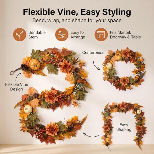 6 Ft Realistic Fall Garland for Mantle Autumn Maples Leaf Pumpkin Garland with Berries Pine Cones Dahlia for Fireplace Doorway Party Thanksgiving Halloween Farmhouse Porch Indoor Outdoor Decorations - Image 2