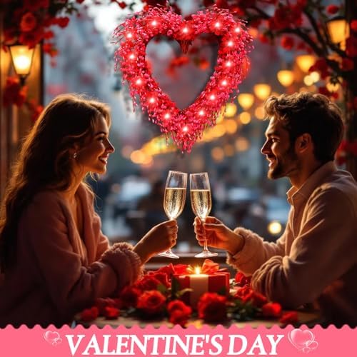 Suncalla 14'' Heart Wreath Lighted Valentine's Day Decoration with 20 Pink LED Lights and Timer Suitable for Valentine's Day Gifts Anniversaries Weddings Wall Window and Other Romantic Decorations - Image 5