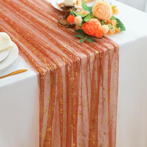 Snowkingdom 10Pcs Terracotta Gold Table Runner Glitter Sheer Gauze 10ft - Image 2