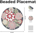 Beaded Placemats for Dining Table Flower Design Red Multi Set of 2- Measure 13 Inches Beaded Placemats Round for Gathering, Christmas, Thanksgiving - Occasional Decoration - Image 4