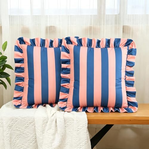 vctops Ruffle Square Throw Pillow Covers Boho Pink and Red Striped Decorative Pillowcases Set of 2, Soft Velvet Accent Cushion Cover Cases for Sofa Bed Living Room Decor (Pink Blue,18"x18") by vctops