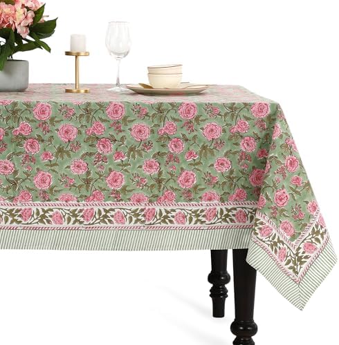 CPC Tablecloth 100% Cotton 70x118 Inch Indian Block Print Rectangle Table Cover, Table Cloth for Weddings, Spring/Summer, Barbeque - Tourmaline Pink by COTTONPRINTCLUB