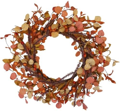 20 Inch Fall Wreath for Front Door Autumn Decor with Orange Eucalyptus Leaves Rustic Thanksgiving Harvest Wreaths Indoor Outdoor Hanging Home Decor by Hometrance